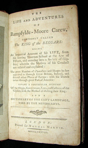 1788 Scarce Book - Life And Adventures Of Bampfylde-Moore Carew, Gypsies, America, Cant Language.