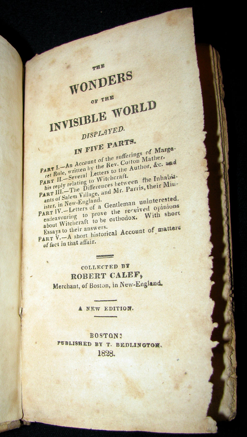 1828 Scarce Book - SALEM WITCHCRAFT - Wonders of the Invisible World by Robert Calef.