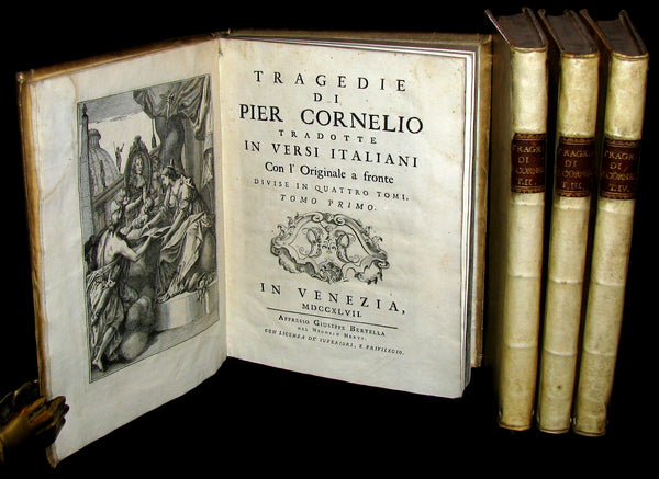 1747 Rare Italian French vellum Book set - Tragedie di Pier Cornelio - Tragédies de Pierre Corneille.