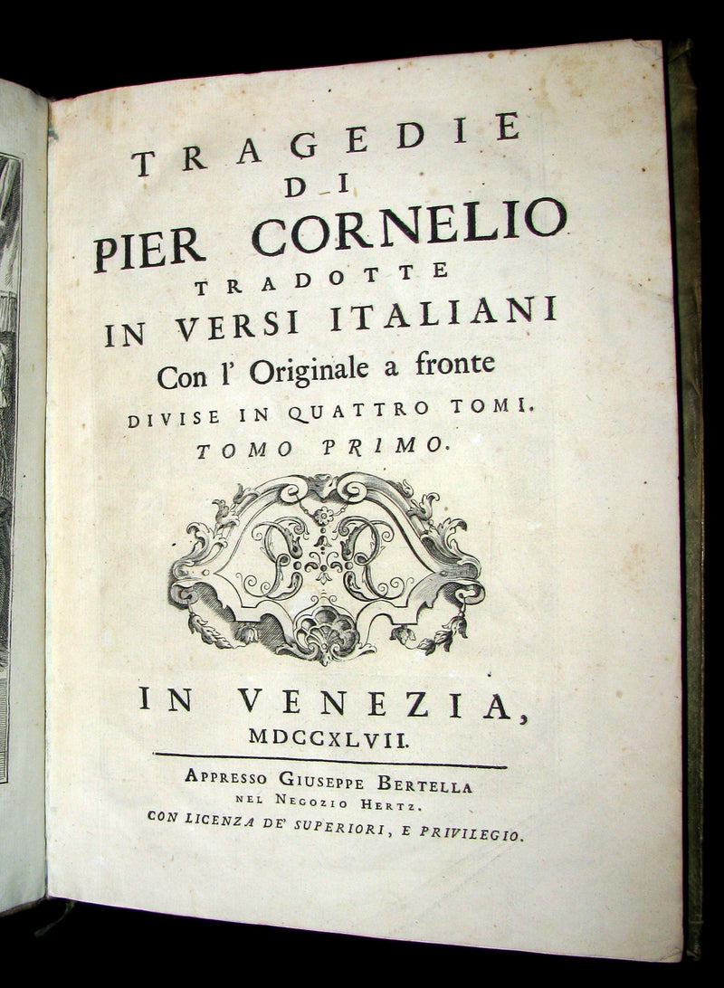 1747 Rare Italian French vellum Book set - Tragedie di Pier Cornelio - Tragédies de Pierre Corneille.