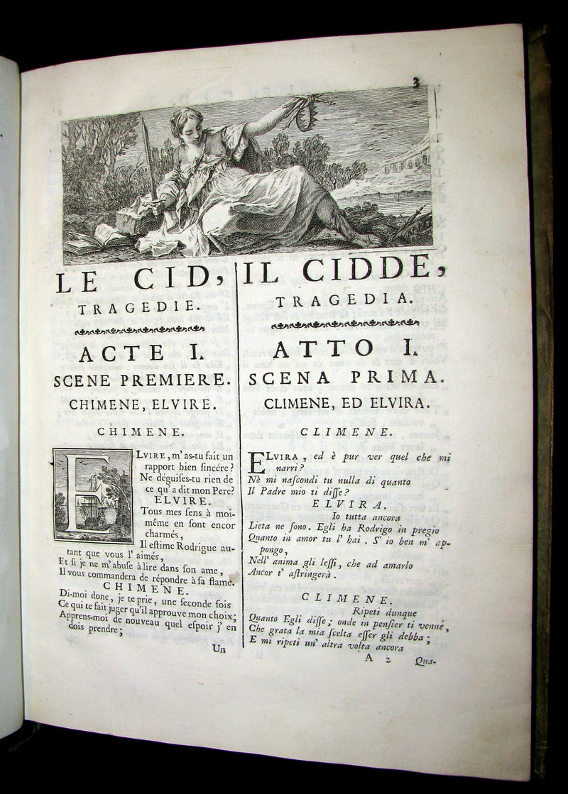 1747 Rare Italian French vellum Book set - Tragedie di Pier Cornelio - Tragédies de Pierre Corneille.