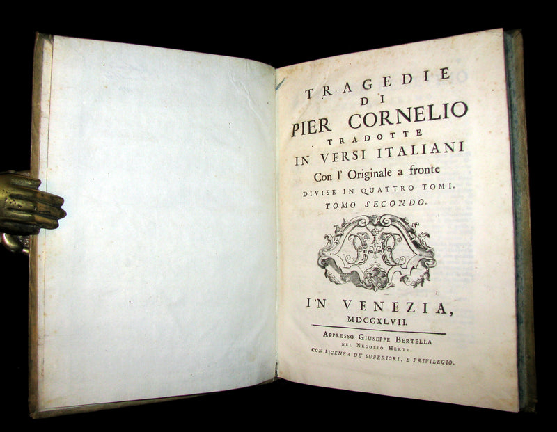 1747 Rare Italian French vellum Book set - Tragedie di Pier Cornelio - Tragédies de Pierre Corneille.