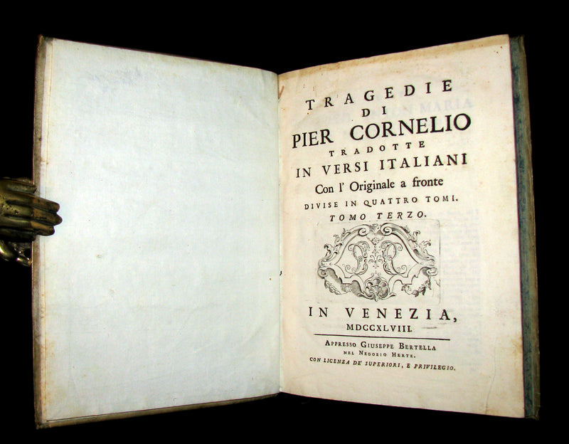 1747 Rare Italian French vellum Book set - Tragedie di Pier Cornelio - Tragédies de Pierre Corneille.