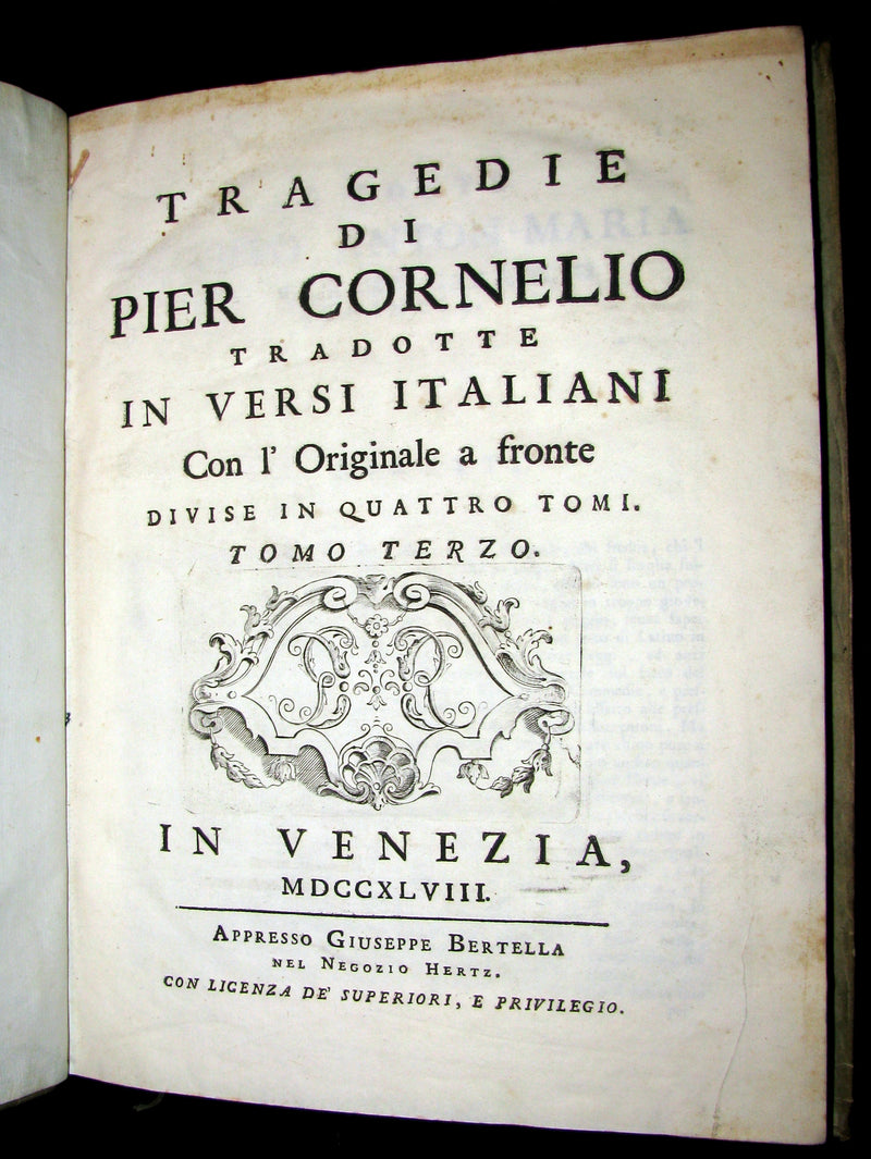 1747 Rare Italian French vellum Book set - Tragedie di Pier Cornelio - Tragédies de Pierre Corneille.