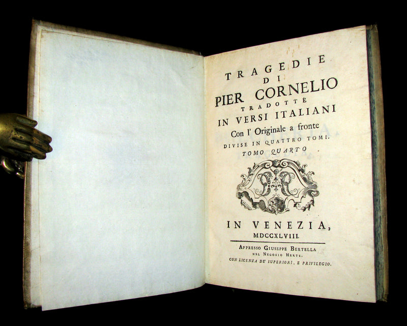 1747 Rare Italian French vellum Book set - Tragedie di Pier Cornelio - Tragédies de Pierre Corneille.