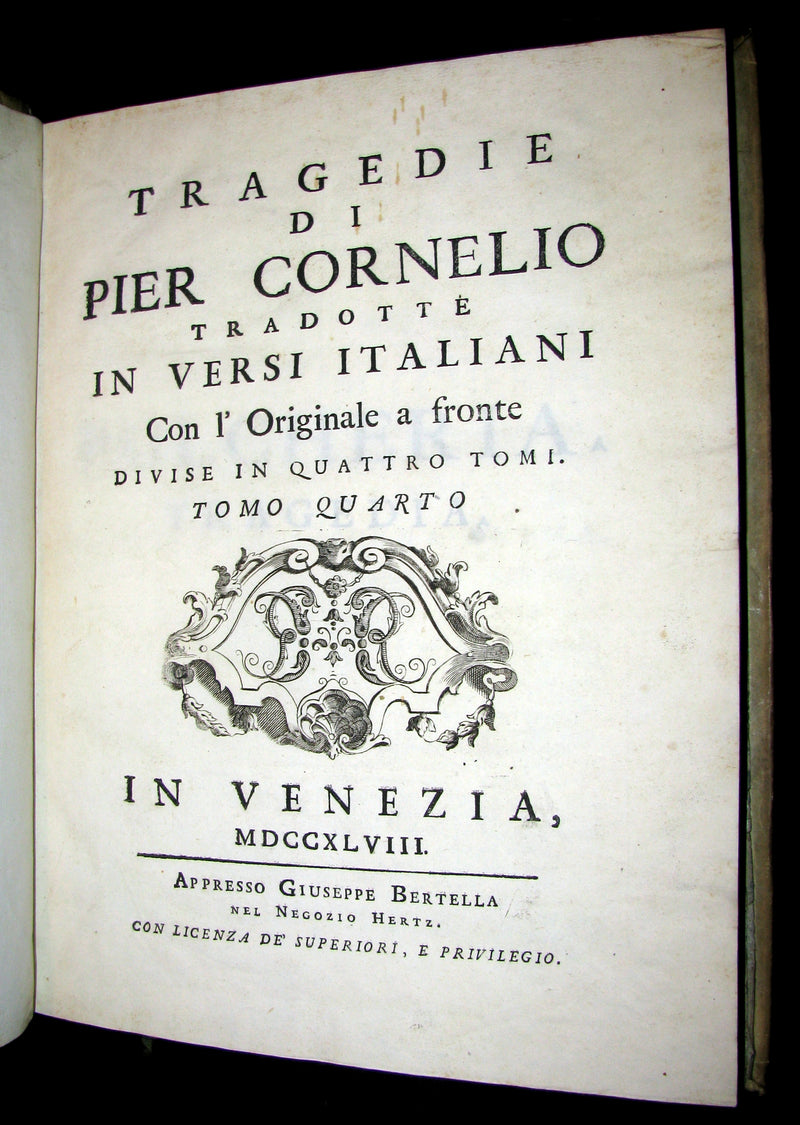 1747 Rare Italian French vellum Book set - Tragedie di Pier Cornelio - Tragédies de Pierre Corneille.