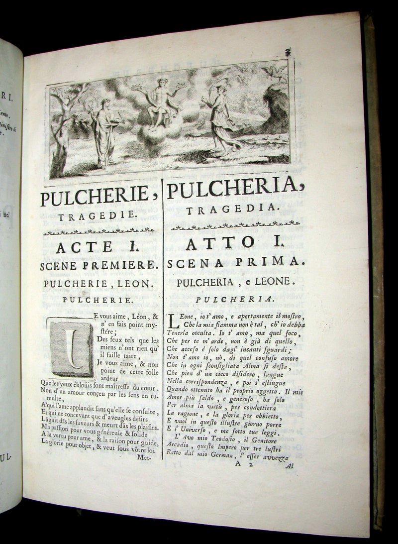 1747 Rare Italian French vellum Book set - Tragedie di Pier Cornelio - Tragédies de Pierre Corneille.