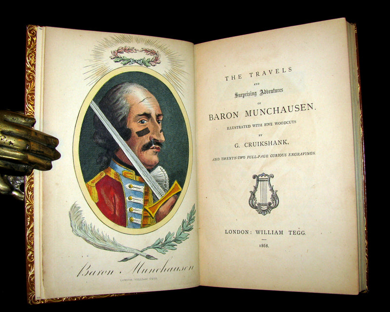 1868 Nice Bartlett & Co Binding - The Travels and Surprising Adventures of Baron MUNCHAUSEN. Illustrated in COLOR by Cruikshank.