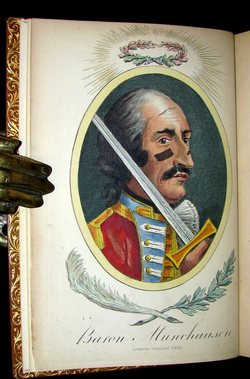 1868 Nice Bartlett & Co Binding - The Travels and Surprising Adventures of Baron MUNCHAUSEN. Illustrated in COLOR by Cruikshank.