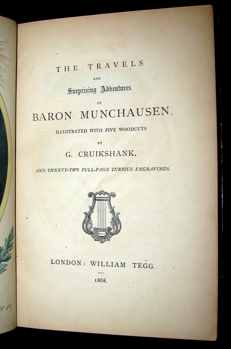 1868 Nice Bartlett & Co Binding - The Travels and Surprising Adventures of Baron MUNCHAUSEN. Illustrated in COLOR by Cruikshank.