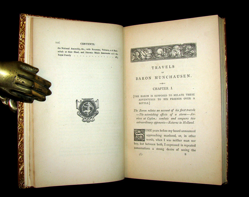 1868 Nice Bartlett & Co Binding - The Travels and Surprising Adventures of Baron MUNCHAUSEN. Illustrated in COLOR by Cruikshank.