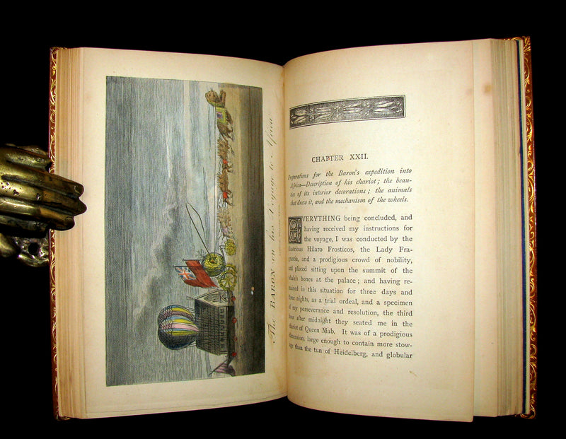 1868 Nice Bartlett & Co Binding - The Travels and Surprising Adventures of Baron MUNCHAUSEN. Illustrated in COLOR by Cruikshank.