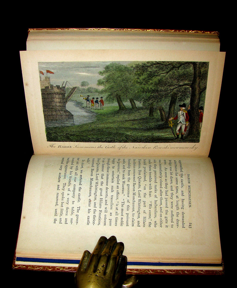 1868 Nice Bartlett & Co Binding - The Travels and Surprising Adventures of Baron MUNCHAUSEN. Illustrated in COLOR by Cruikshank.