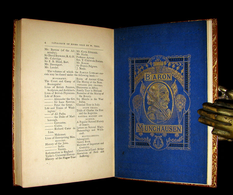 1868 Nice Bartlett & Co Binding - The Travels and Surprising Adventures of Baron MUNCHAUSEN. Illustrated in COLOR by Cruikshank.