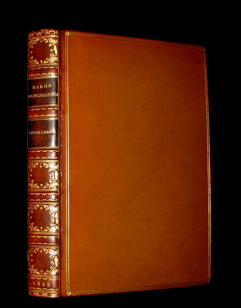 1868 Nice Bartlett & Co Binding - The Travels and Surprising Adventures of Baron MUNCHAUSEN. Illustrated in COLOR by Cruikshank.