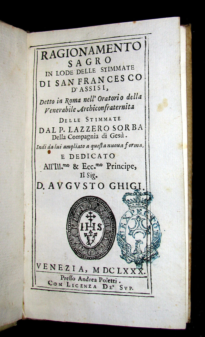 1680 Scarce Italian Vellum Jesuit Book - Panegyric on the Stigmata of St. Francis of Assisi - Francesco d'Assisi. 1st EDITION.