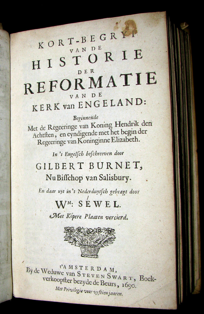 1690 Rare Dutch vellum Book - Gilbert Burnet's History of the Reformation of the Church of England. Illustrated.