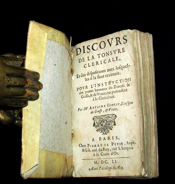 1651 Scarce French Vellum Book - Discourse on the Clerical TONSURE. Antoine Godeau. 1stED.