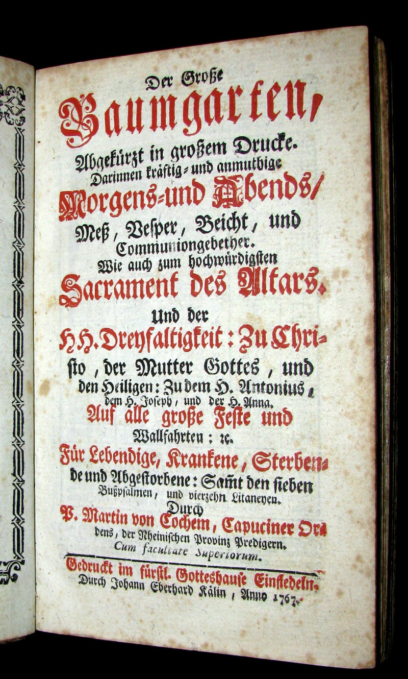 1767 Scarce Devotional German Book - Der Grosse Baumgarten by German Capuchin theologian Martin of Cochem. Illustrated.
