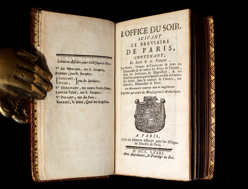 1781 Scarce French Latin Book in a beautiful BINDERY WORK - L'Office du Soir - Evening Prayer.