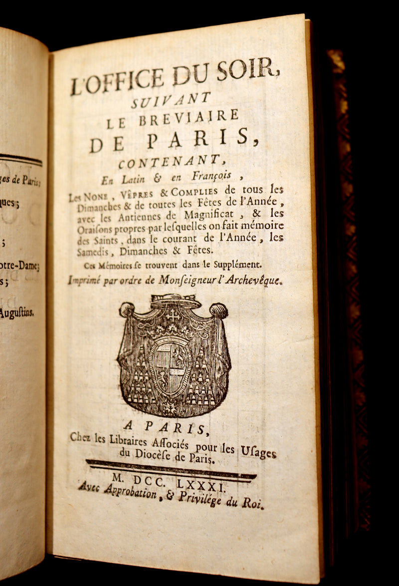 1781 Scarce French Latin Book in a beautiful BINDERY WORK - L'Office du Soir - Evening Prayer.