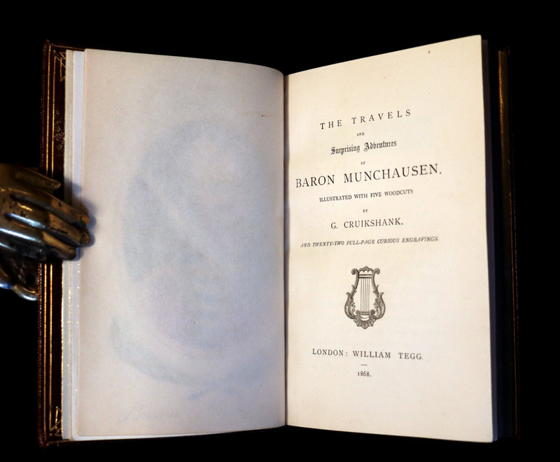 1868 Fine Bayntun-Riviere Binding - The Travels & Surprising Adventures of Baron MUNCHAUSEN. Illustrated in COLOR by Cruikshank.