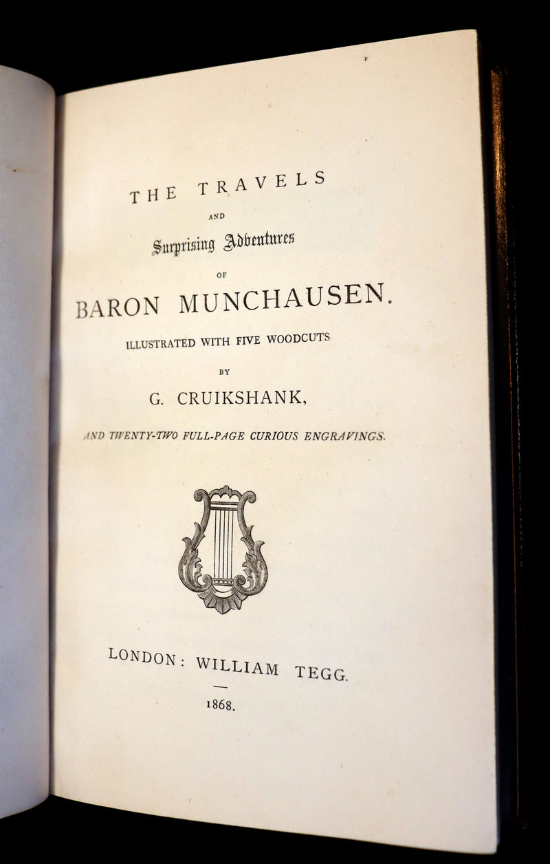 1868 Fine Bayntun-Riviere Binding - The Travels & Surprising Adventures of Baron MUNCHAUSEN. Illustrated in COLOR by Cruikshank.