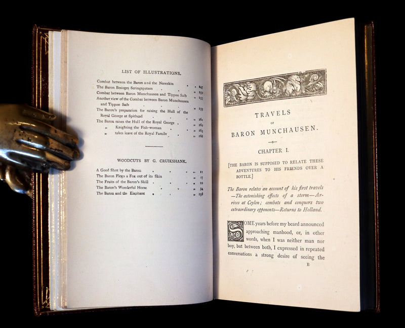 1868 Fine Bayntun-Riviere Binding - The Travels & Surprising Adventures of Baron MUNCHAUSEN. Illustrated in COLOR by Cruikshank.