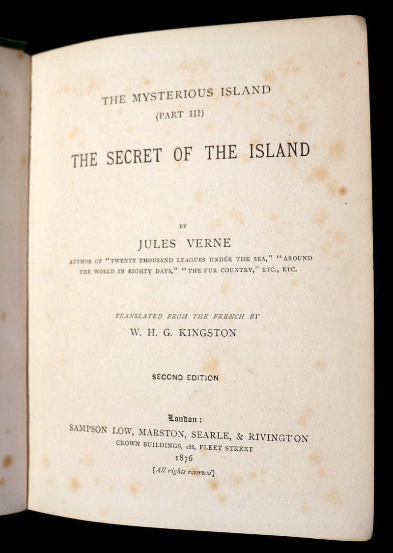 1876 Rare 2nd Edition - The Secret of the Island (The Mysterious Island) by Jules Verne. Illustrated.