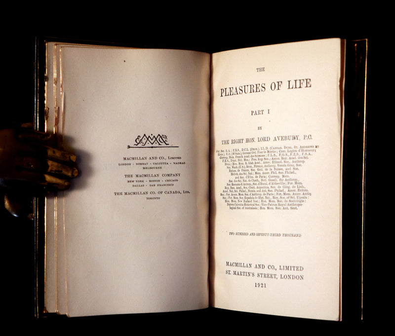 1921 Rare Book - The PLEASURES OF LIFE by John Lubbock, 1st Baron Avebury & bound by Sangorski & Sutcliffe.