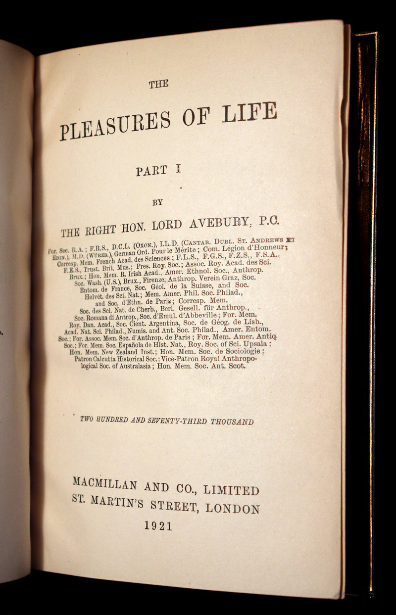 1921 Rare Book - The PLEASURES OF LIFE by John Lubbock, 1st Baron Avebury & bound by Sangorski & Sutcliffe.