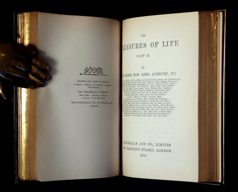 1921 Rare Book - The PLEASURES OF LIFE by John Lubbock, 1st Baron Avebury & bound by Sangorski & Sutcliffe.