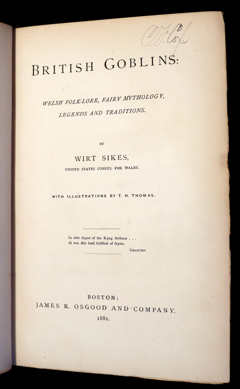 1881 Rare First US Edition - BRITISH GOBLINS : Welsh Folk-lore, Fairy Mythology, Legends & Traditions.