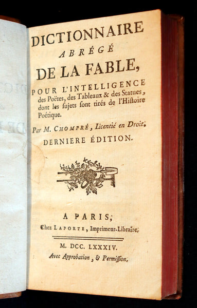 1784 Rare French Book -  Dictionary of FABLE and Mythology - Dictionnaire de la Fable by Chompre.