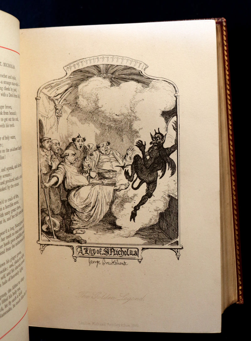 1887 Rare Carmine Edition bound by Ramage - INGOLDSBY LEGENDS Illustrated by Cruikshank, Leech and Barham.