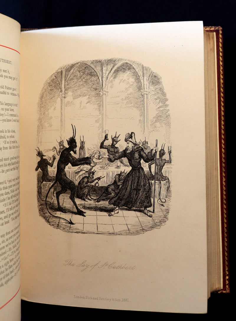 1887 Rare Carmine Edition bound by Ramage - INGOLDSBY LEGENDS Illustrated by Cruikshank, Leech and Barham.