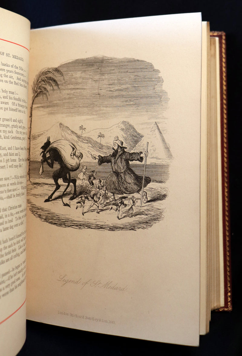 1887 Rare Carmine Edition bound by Ramage - INGOLDSBY LEGENDS Illustrated by Cruikshank, Leech and Barham.