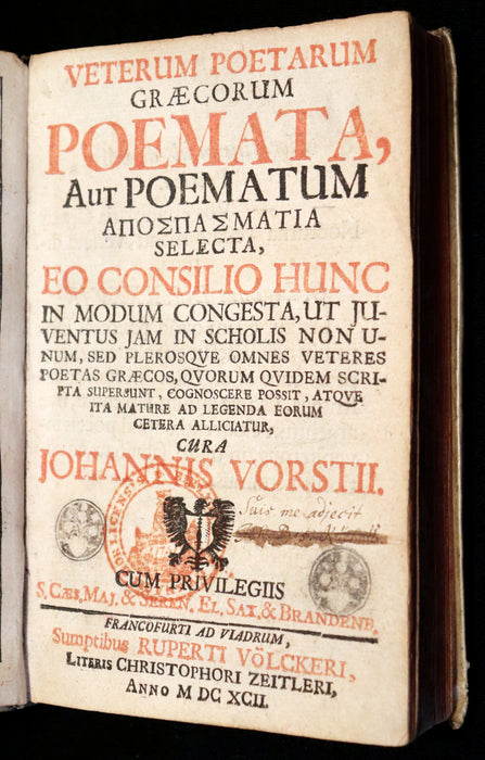 1692 Rare Greek Latin Vellum Book - Ancient GREEK Poets and Poems by Johannes Vorst.