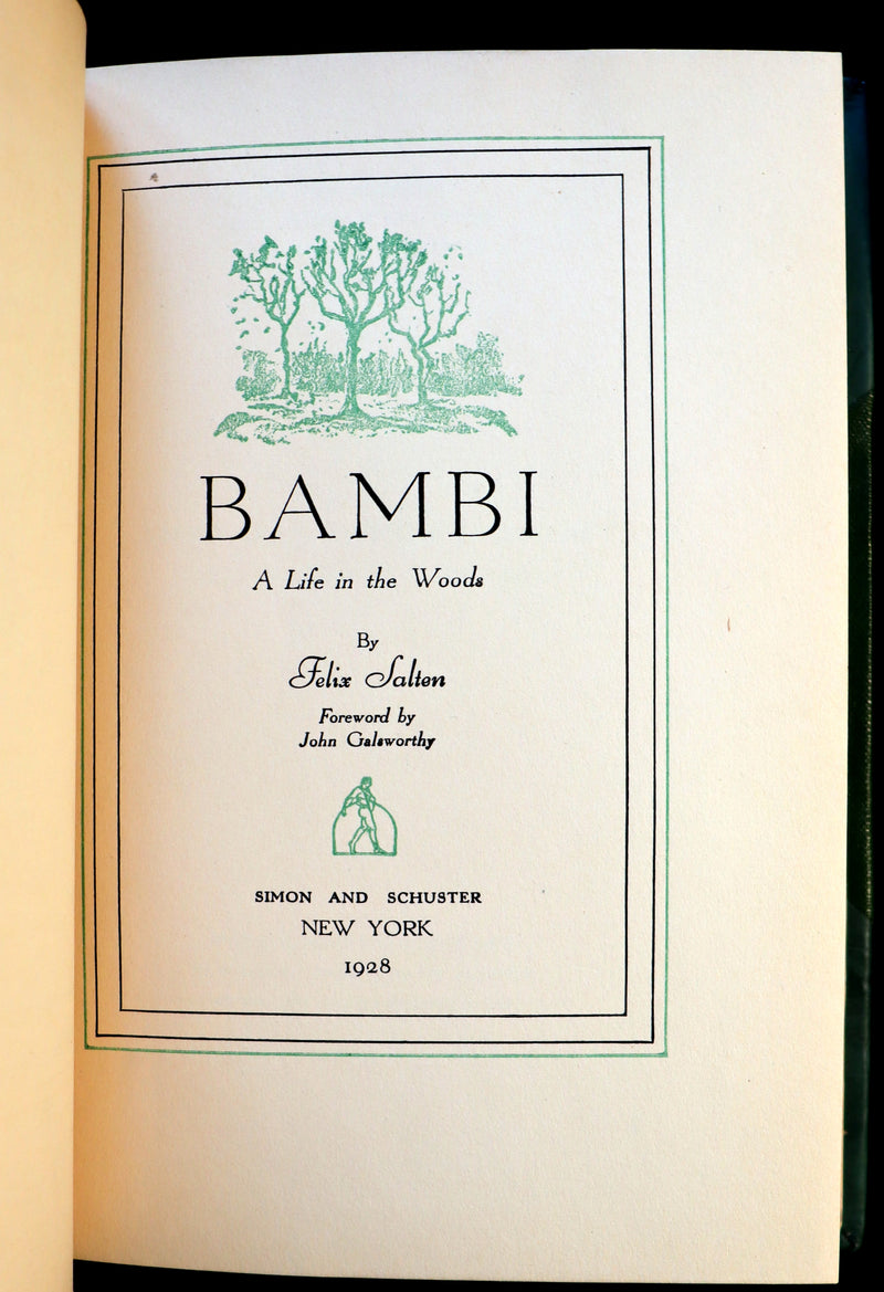 1928 Rare Book - BAMBI a Life in the Woods by Felix Salten. Nicely bound First Edition.