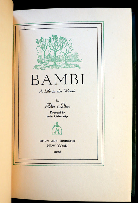 1928 Rare Book - BAMBI a Life in the Woods by Felix Salten. Nicely bound First Edition.