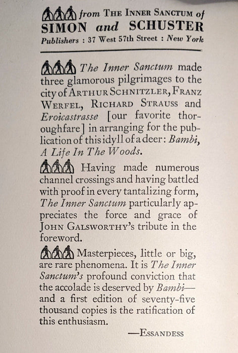 1928 Rare Book - BAMBI a Life in the Woods by Felix Salten. Nicely bound First Edition.
