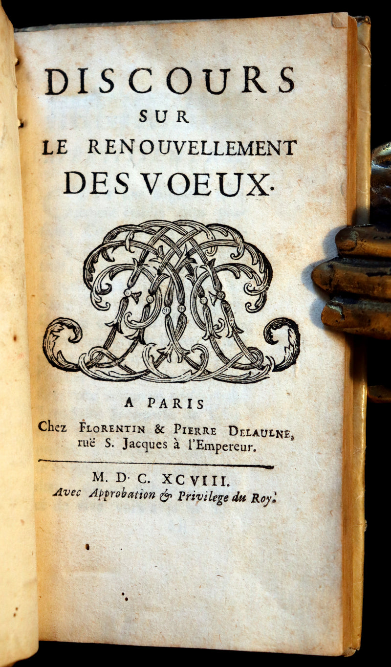 1698 Scarce French Vellum Book - Discourse on Renewal of Religious VOWS by Jean Pic. 1stED.