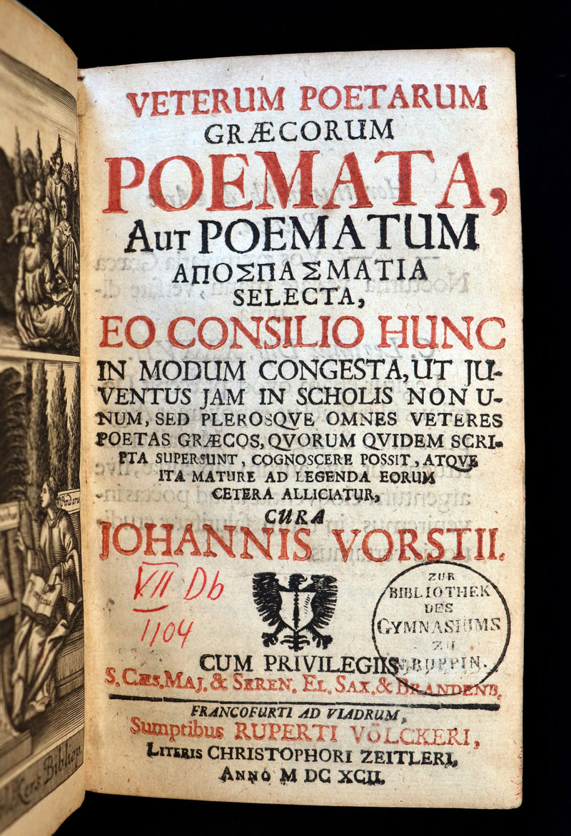 1692 Scarce Greek Latin Vellum Book - Ancient GREEK Poets and Poems by Johannes Vorst.