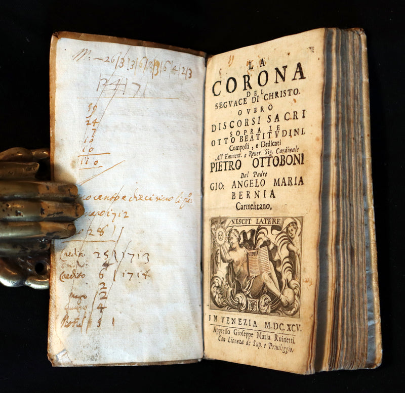 1695 Scarce Italian Vellum Book - The Crown of the Followers of Jesus Christ - Eight Beatitudes by Padre Gio. Angelo Maria Bernia Carmelitano.