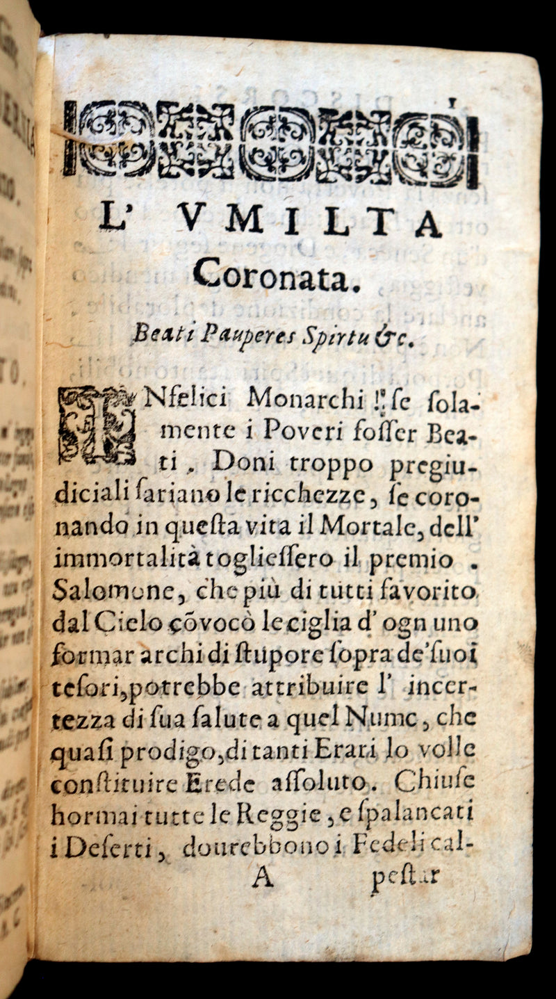 1695 Scarce Italian Vellum Book - The Crown of the Followers of Jesus Christ - Eight Beatitudes by Padre Gio. Angelo Maria Bernia Carmelitano.