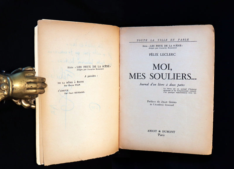 1955 Rare Quebec Poet Signed 1stED - FELIX LECLERC, Moi mes Souliers with scarce 1977 SIGNED Letter.