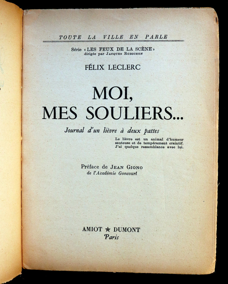 1955 Rare Quebec Poet Signed 1stED - FELIX LECLERC, Moi mes Souliers with scarce 1977 SIGNED Letter.