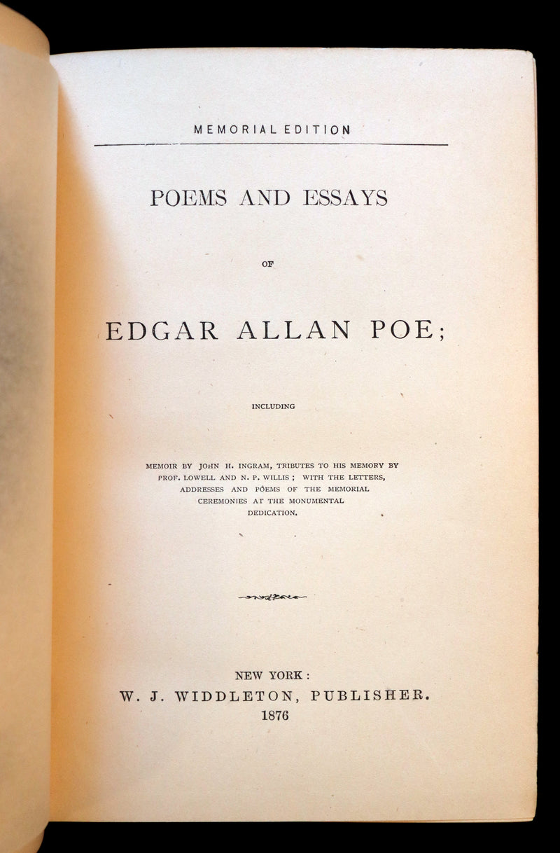 1876 Rare First Memorial Edition - Poems and Essays of Edgar Allan Poe (The Raven, Lenore, Ulalume, ...).