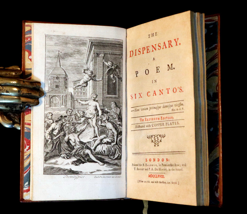 1768 Rare Medical Poetry Book - The Dispensary - A Poem in Six Cantos by Sir Samuel Garth, illustrated.