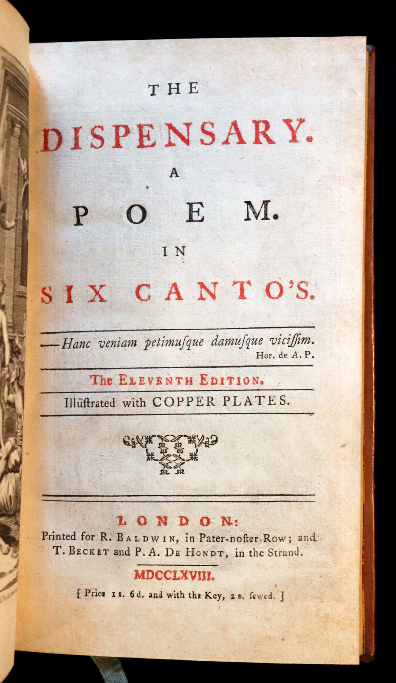 1768 Rare Medical Poetry Book - The Dispensary - A Poem in Six Cantos by Sir Samuel Garth, illustrated.